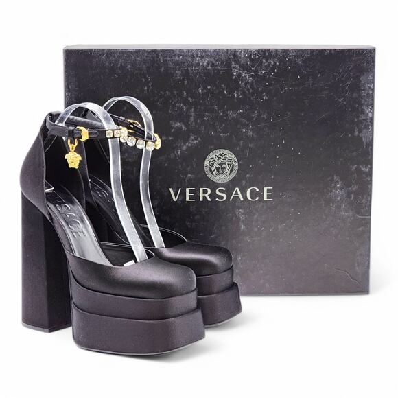 Versace Shoes - Versace Medusa Aevitas Double Platform Satin Pumps in Black EU 40 US 10 $1445